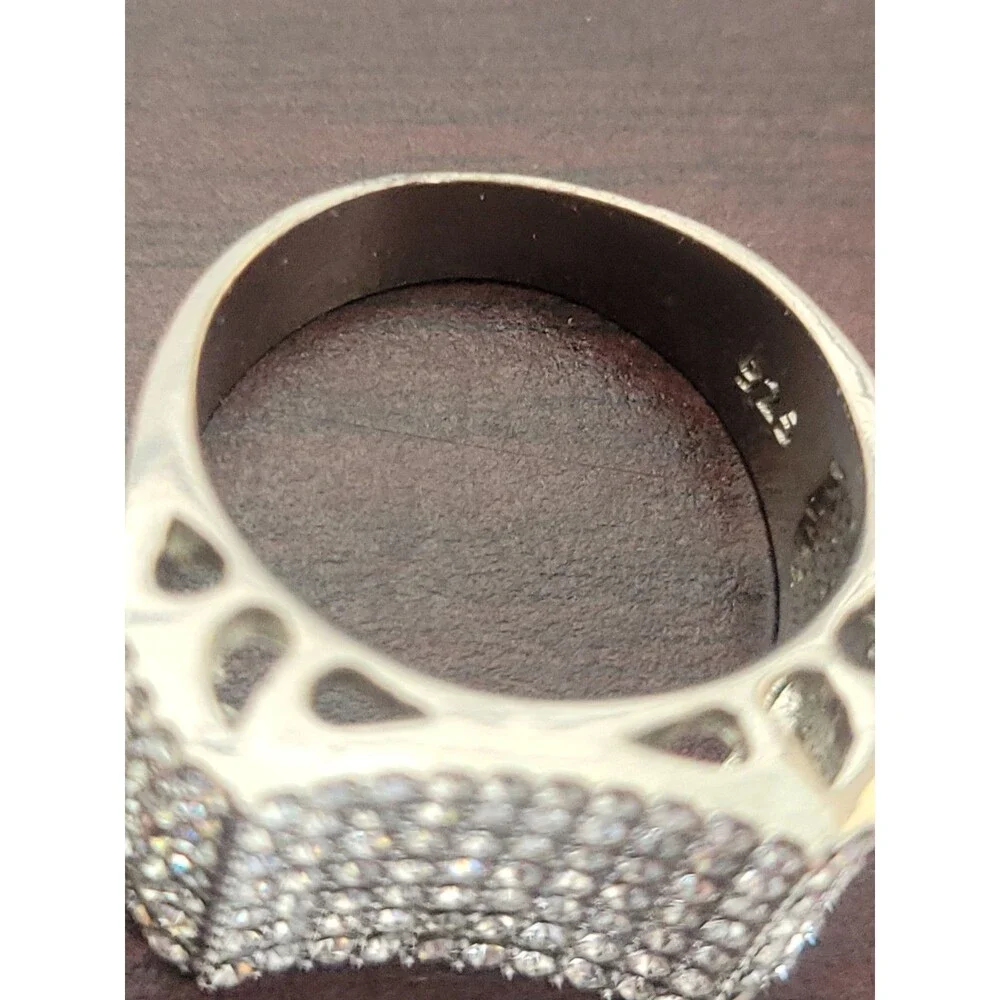 925 Sterling Silver Pavé CZ Wide Rectangle Statement Ring Iced Out Size 9